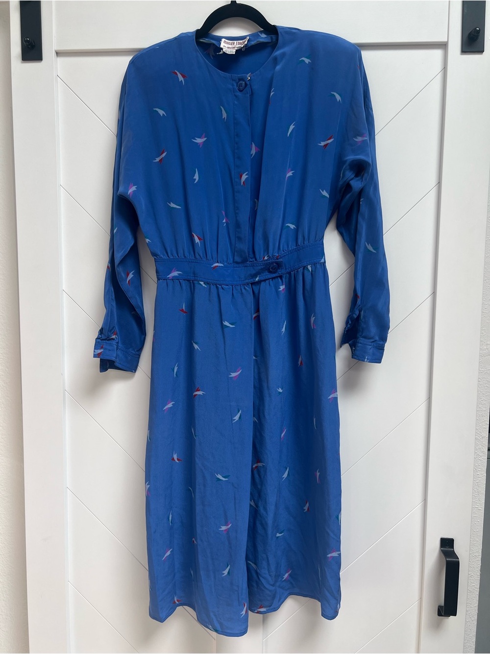 Maggy London Royal Blue Silk Long-Sleeve Dress with Multicolor Bird Motif